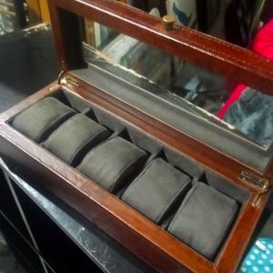 Faux leather shadow box with five slots for display of watches or bracelets